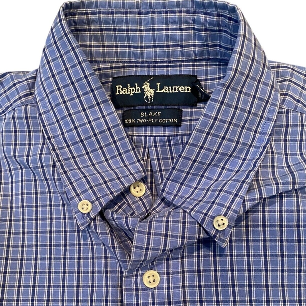 Ralph Lauren Button Down Medium Shirt Men's Blue Plaid Blake 100% Cotton‎